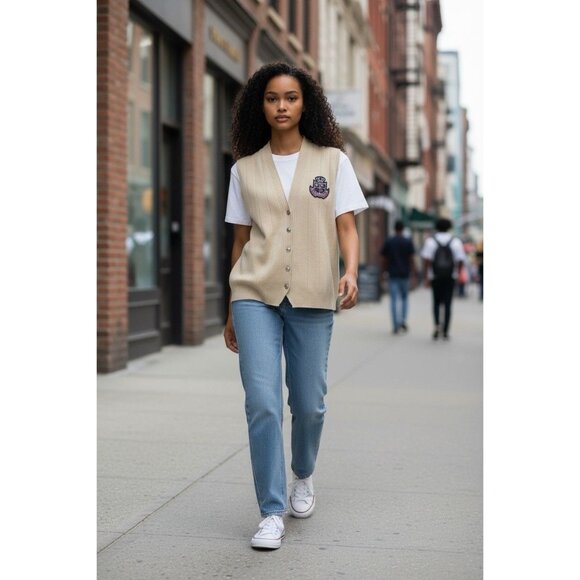 Vintage collegiate style sweater vest crest 1980s Green Plaid Back NY Gard Coll - Picture 1 of 8